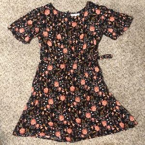 Black and pink floral mock wrap dress